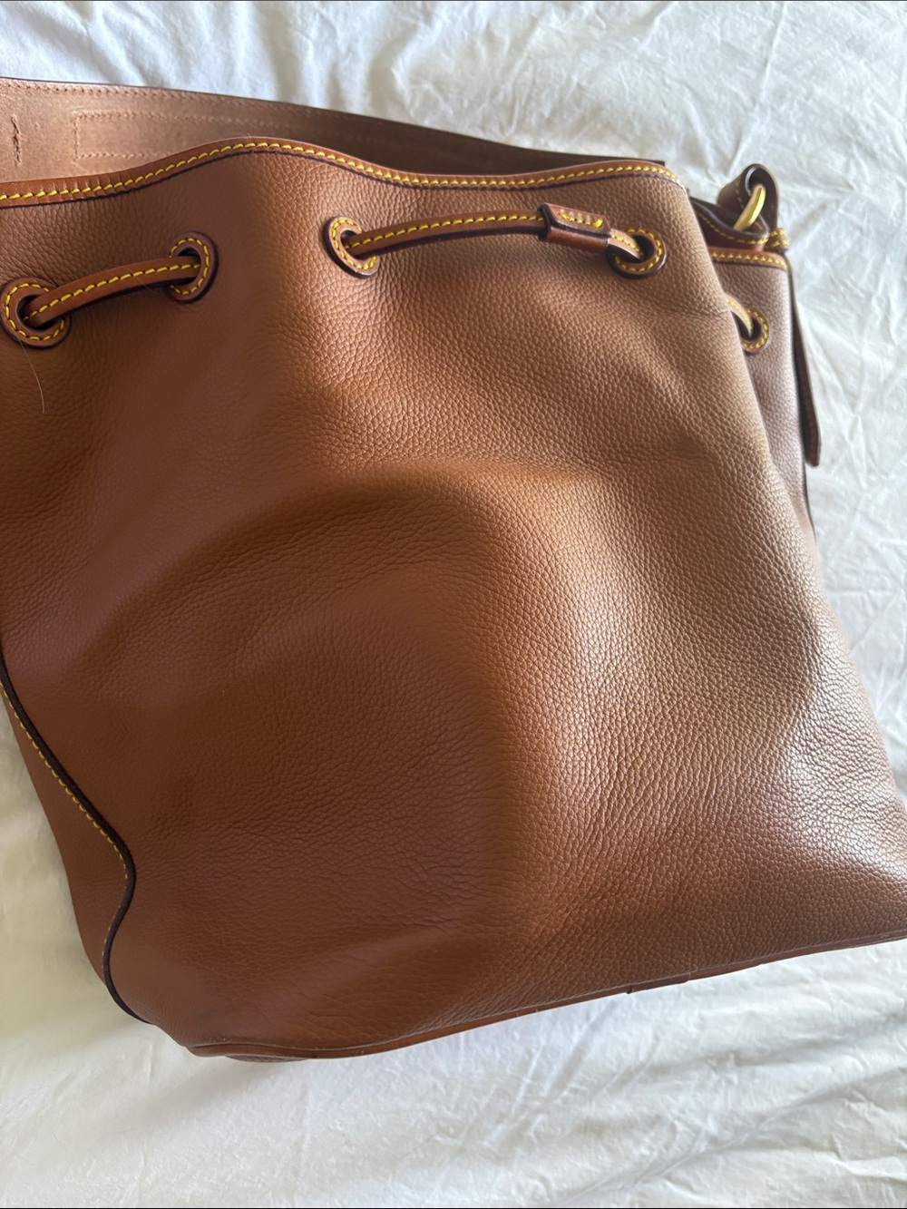 Dooney & Bourke Brown Leather Drawstring Bucket Bag with Yellow Stitching - Picture 6 of 7